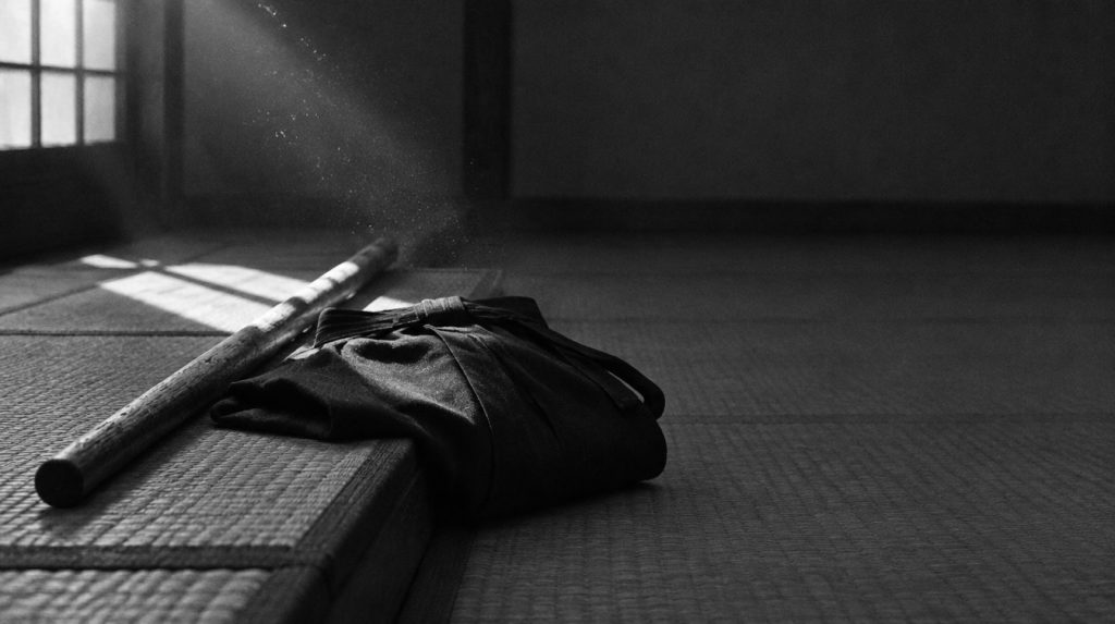 A wooden jo and a folded hakama on the edge of the tatami in a shaft of light